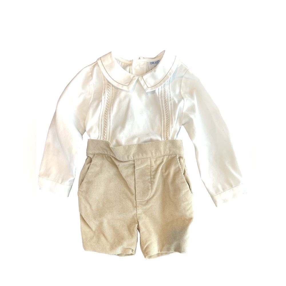 Luli & Me White Shirt w tan corduroy shorts! Perfect for Sunday Best